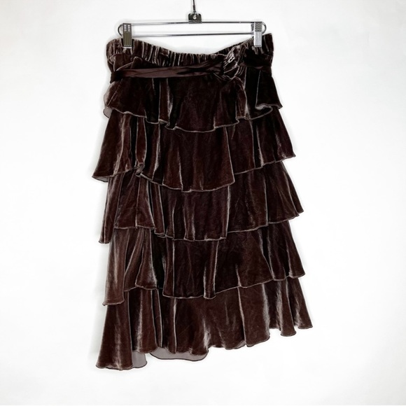 Vintage Y2K Juicy Couture Dark Brown Velvet Ruffle Tiered Skirt Size XS Silk Tie - Picture 5 of 10